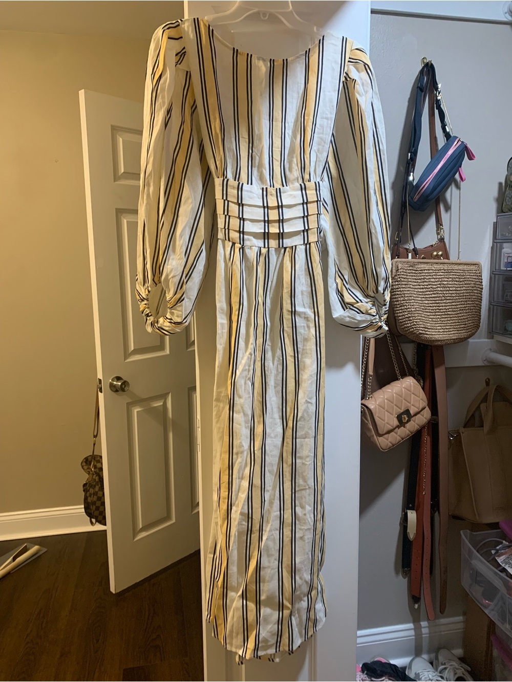 VRG Striped Yellow and Black Maxi Dress with Puff Sleeves LOW BACK